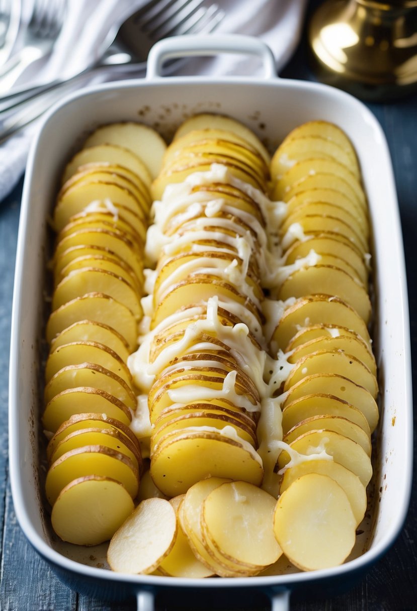A baking dish filled with layers of thinly sliced potatoes and melted Gruyere cheese, ready to be served as a side dish for ham